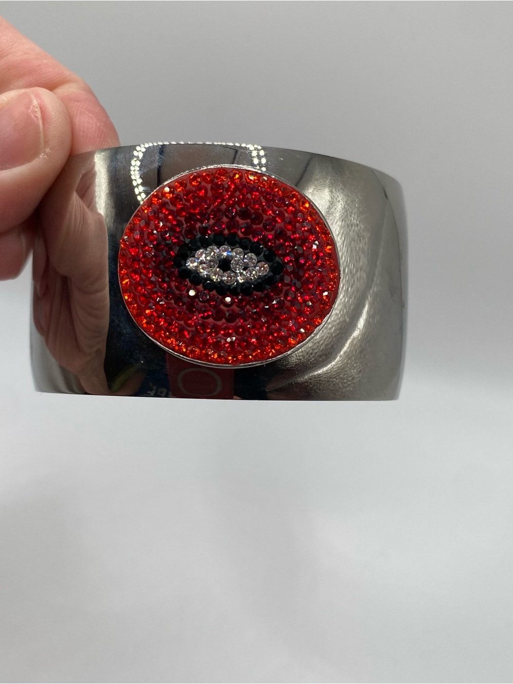Silver tone Cuff Bracelet with Eclectic Red Crystal Oval Accent